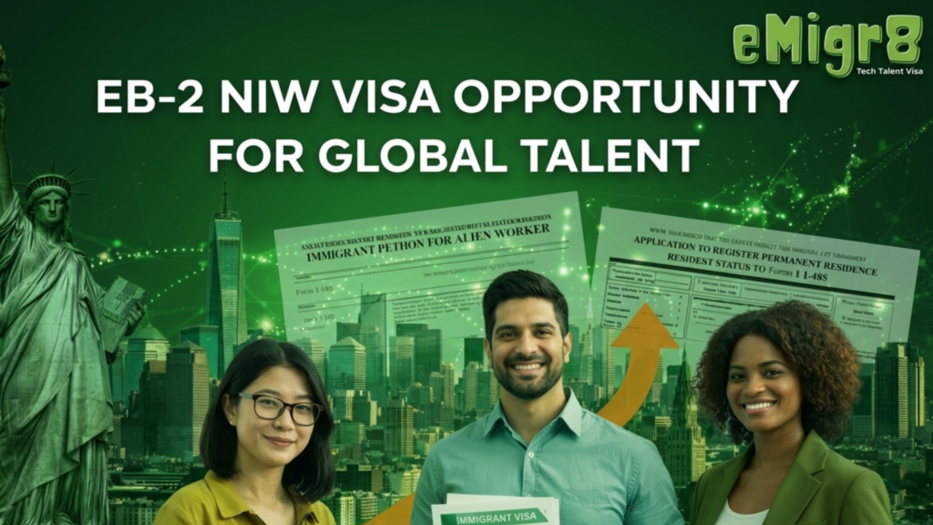 Digital graphic highlighting EB-2 NIW update for skilled professionals with eMigr8 logo